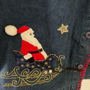 Vtg Lemon Grass Womens Long Sleeve Denim Shirt Jacket Christmas Santa size S